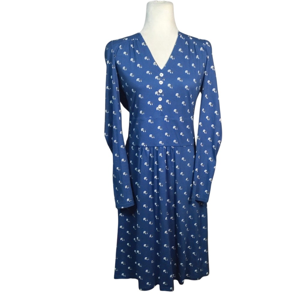 People Tree Organic Cotton Mushroom Print Long Sleeve Midi Dress Blue Size 10